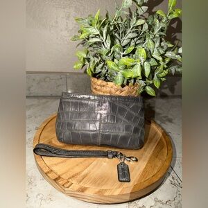 Coach Gray Crocodile-Embossed Wristlet